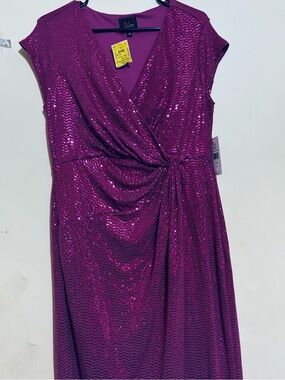 Magenta Sequin Wrap-Front Evening Dress
